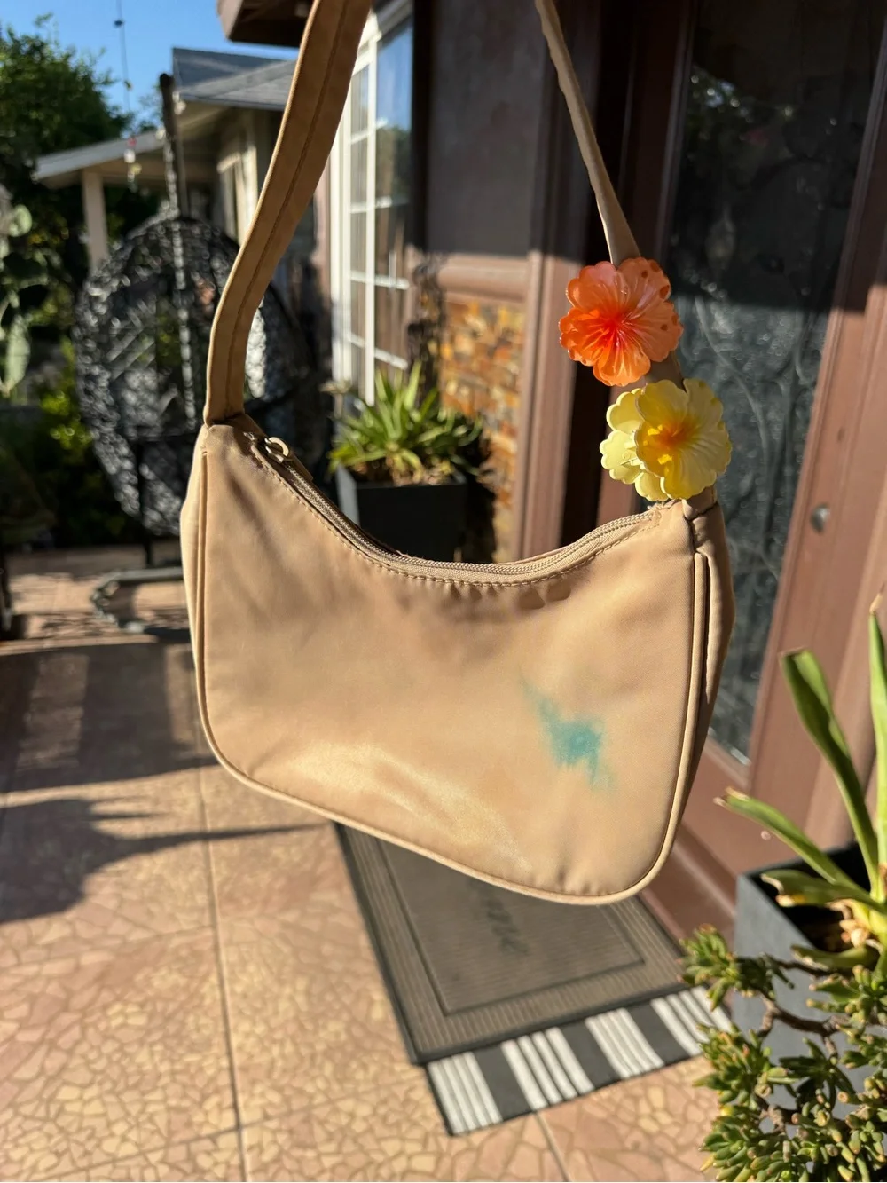 Neutral Beige Shoulder Bag with Floral Clips - Women's Shoulder Handbag